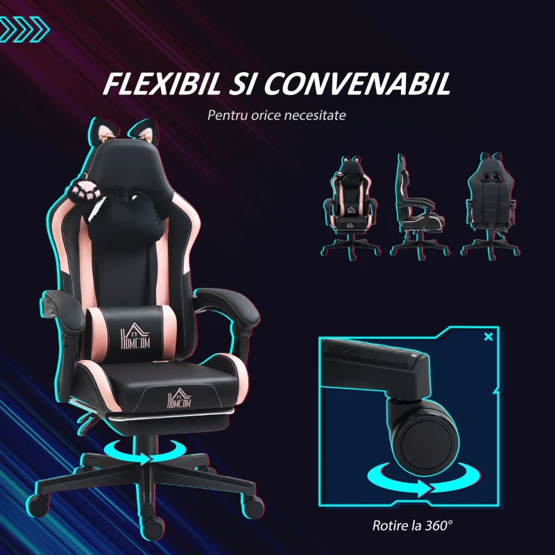HOMCOM Scaun de Gaming Reclinabil cu Suport pentru Picioare și Perne, din Piele Ecologică și Spumă, 65x62x116-124 cm, Roz și Negru