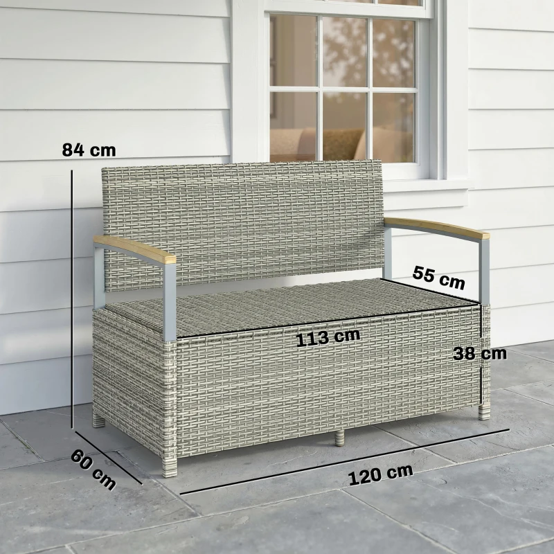 Outsunny 170 L Garden Storage Bench with Zipped Liner, 2 Seater Rattan Garden Bench with Storage, Gas Strut, Cushion, Light Grey