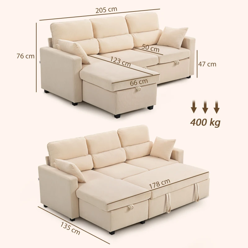 HOMCOM Sofá Cama Esquinero con Compartimento, Tapizado en Terciopelo Acanalado y 2 Cojines, 205x135x76 cm, Beige
