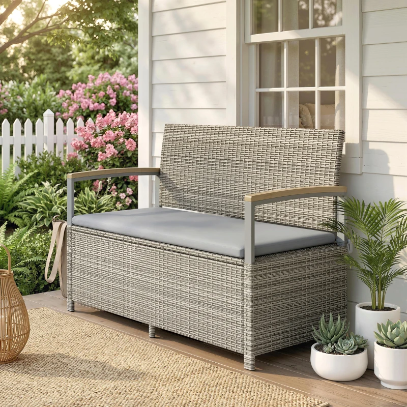 Outsunny 170 L Garden Storage Bench with Zipped Liner, 2 Seater Rattan Garden Bench with Storage, Gas Strut, Cushion, Light Grey