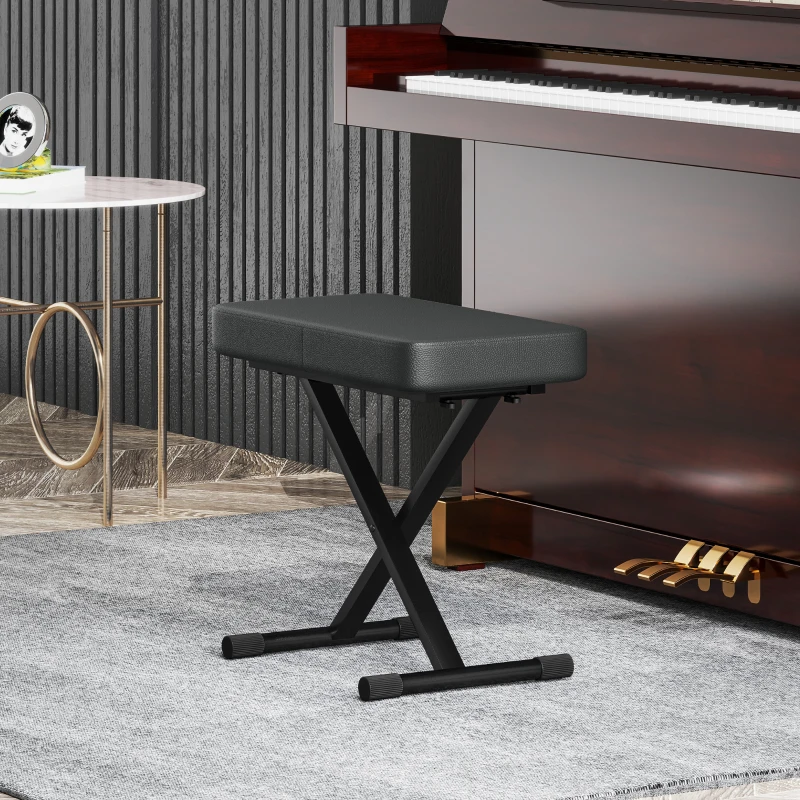 HOMCOM Scaun pentru Pian Pliabil și Reglabil pe 4 Înălțimi, din Piele PU, Spumă și Metal, 60x32x53-63 cm, Negru