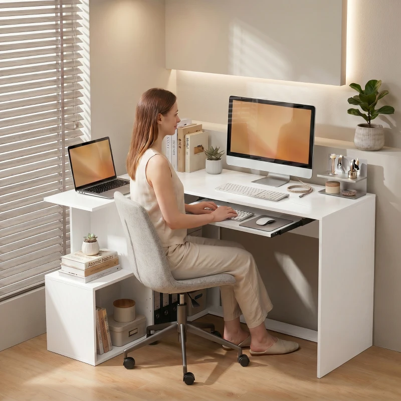 HOMCOM Hoekbureau, computerbureau met toetsenbordlade en open schappen, witte houtlook