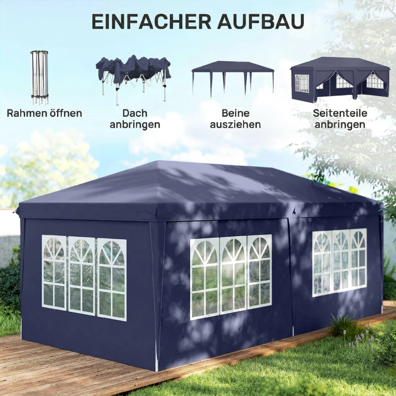 Outsunny Faltpavillon 6 x 3 m, abnehmbare Seitenwände, große Fenster, Reißverschlusstüren, Stahlrahmen, Blau