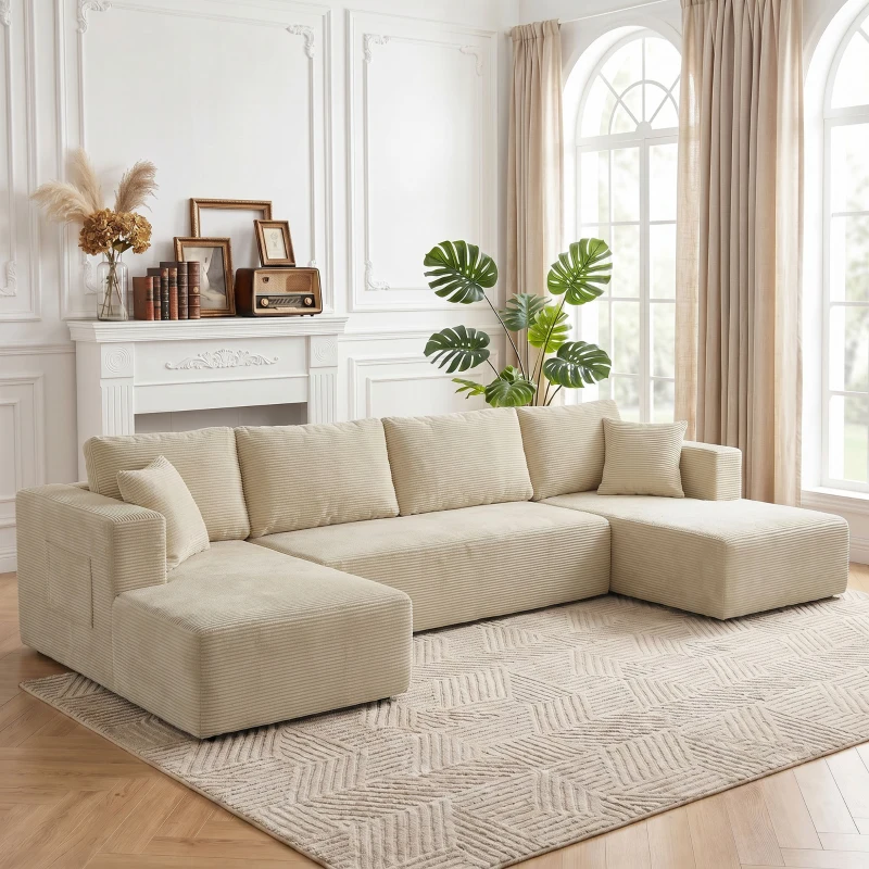HOMCOM Komprimiertes modulares U‑Sofa 337 cm, 4‑Sitzer Schlafsofa in Cordvelours, breite Sitzfläche, Creme
