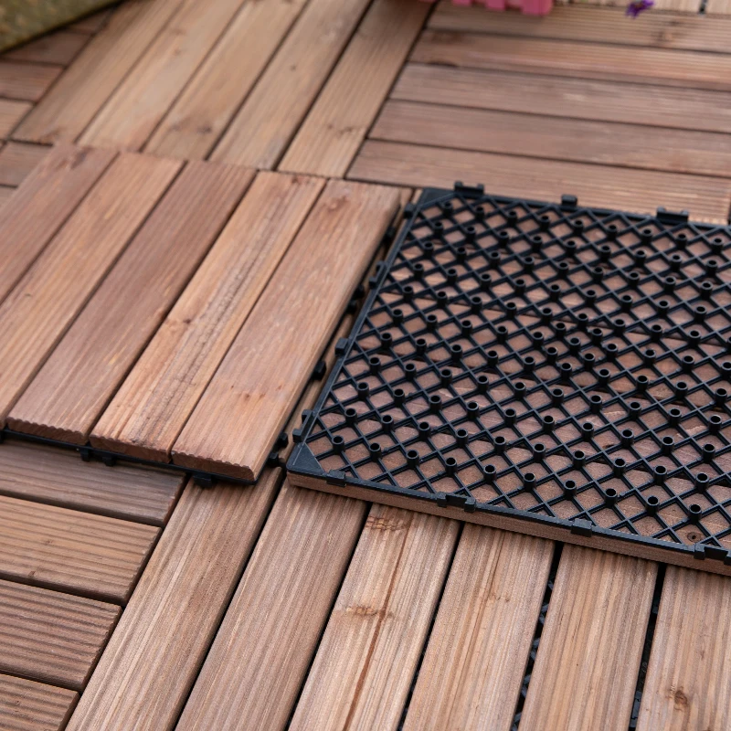 Outsunny 27 Pcs Solid Wood Interlocking Decking Tiles For Patio, Balcony, Roof Terrace, Hot Tub, Brown, (30 x 30 cm Per Piece)