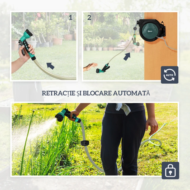Outsunny Suport pentru Furtun de Grădină Retractabil cu Furtun de Apă 30+2 m, 7 Moduri, Negru