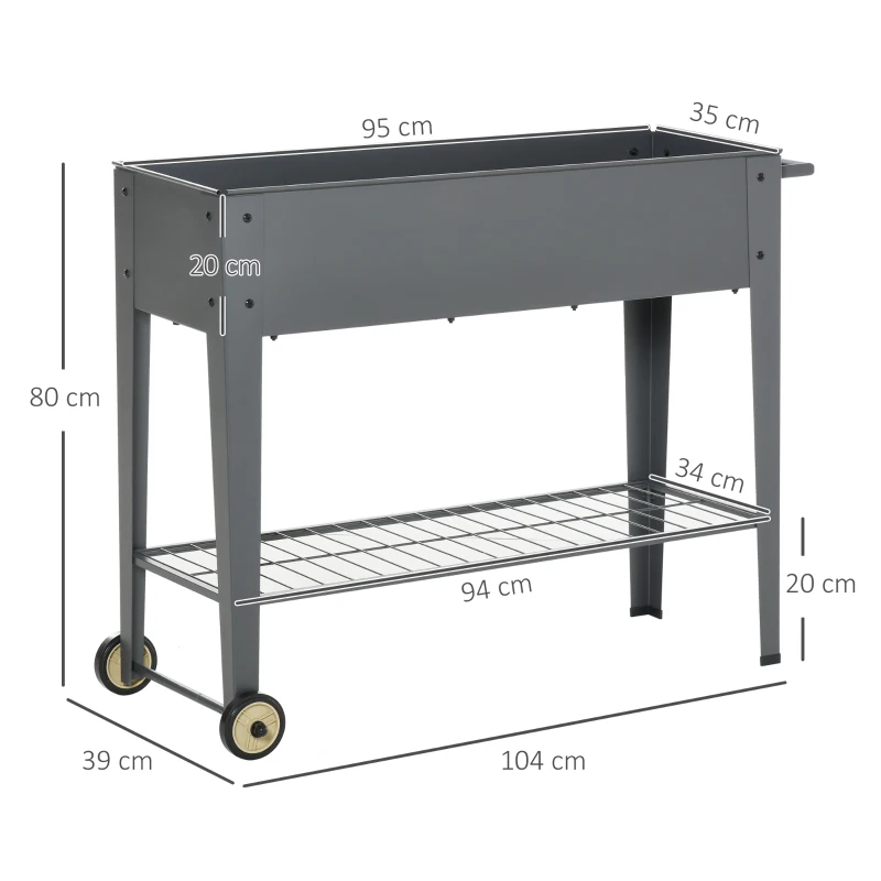 Outsunny Huerto Urbano Jardinera Elevada de Metal Cama de Jardín con Ruedas Asa Lateral y Estante Inferior para Cultivo Plantas Hortalizas Flores 104x39x80 cm Gris