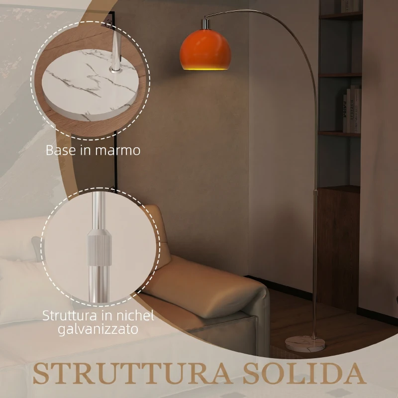 HOMCOM Lampada da Terra ad Arco con Interruttore a Pedale, in Marmo, Metallo e Plastica, 26x90x180 cm, Bianco e Arancione