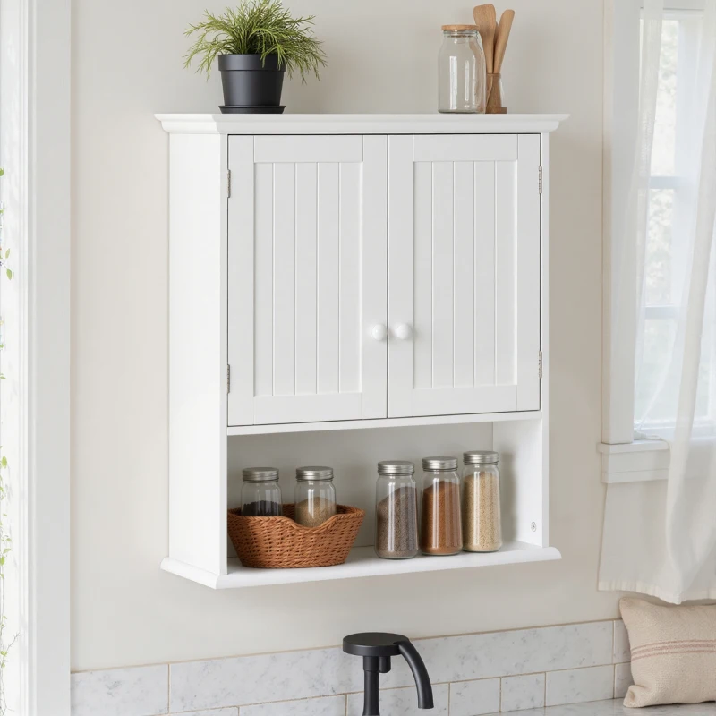 Kleankin Armário Casa de Banho com 2 Portas Prateleira Interior Ajustável e Compartimento Aberto Móvel Auxiliar Suspenso Multiúso para Cozinha 60x20x70,5cm Branco