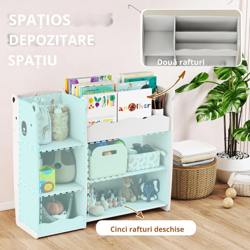 AIYAPLAY Etajeră pentru jucării pentru copii Rafturi deschise Compartimente Design cu ursuleți Organizator de jucării Alb