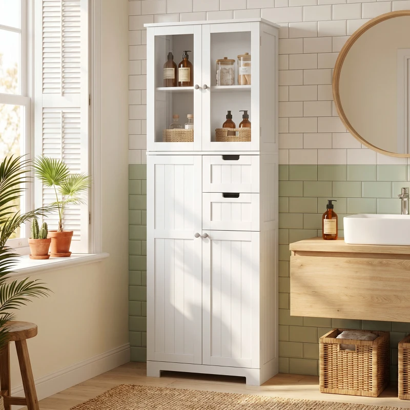 HOMCOM Meuble haut de rangement, armoire avec portes vitrées et étagères réglables pour salle de bain, cuisine, salon, blanc