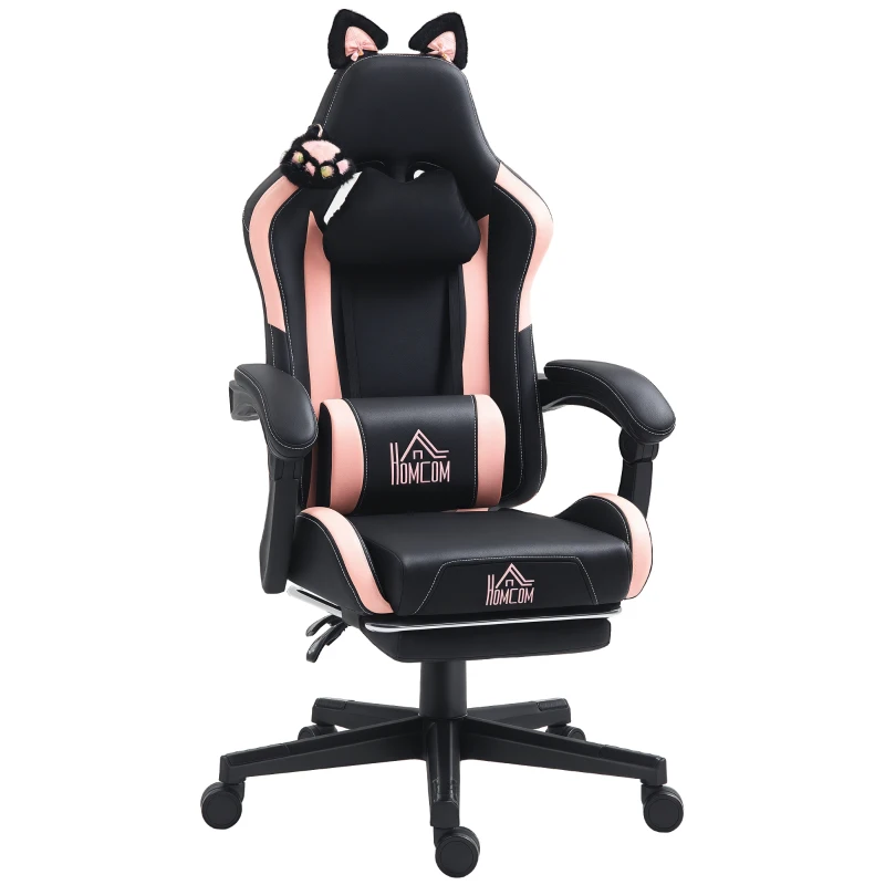 HOMCOM Scaun de Gaming Reclinabil cu Suport pentru Picioare și Perne, din Piele Ecologică și Spumă, 65x62x116-124 cm, Roz și Negru