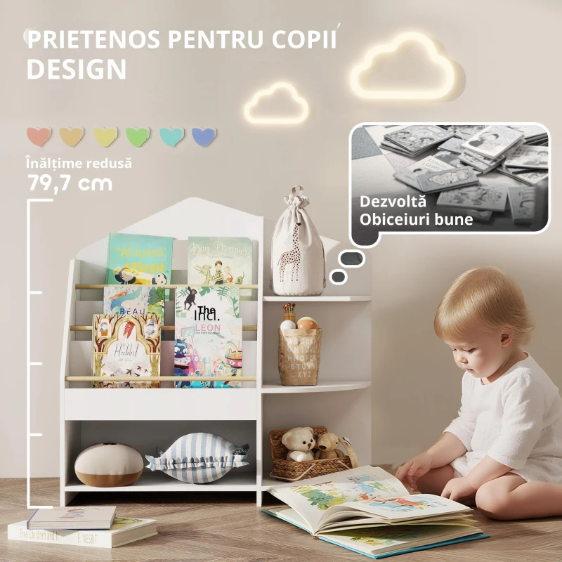 AIYAPLAY Raft pentru copii cu 7 rafturi pentru cărți, jucării, margini rotunjite, susține 40 kg, Alb