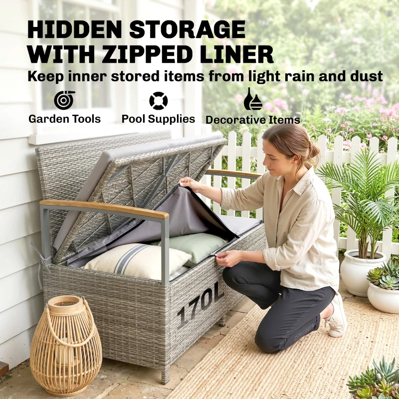 Outsunny 170 L Garden Storage Bench with Zipped Liner, 2 Seater Rattan Garden Bench with Storage, Gas Strut, Cushion, Light Grey