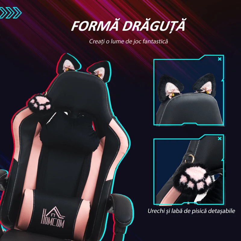 HOMCOM Scaun de Gaming Reclinabil cu Suport pentru Picioare și Perne, din Piele Ecologică și Spumă, 65x62x116-124 cm, Roz și Negru