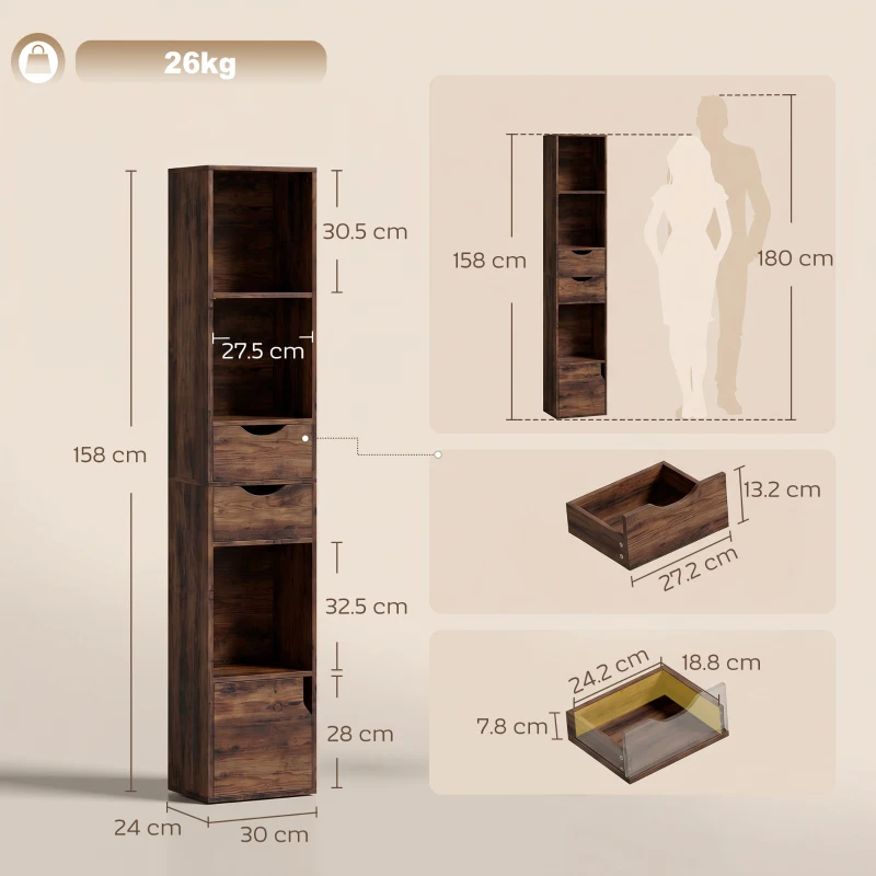 HOMCOM Bookcase with Drawers Adjustable Shelf Bookshelf with 2 Drawers and Cabinet 158 cm Rustic Brown