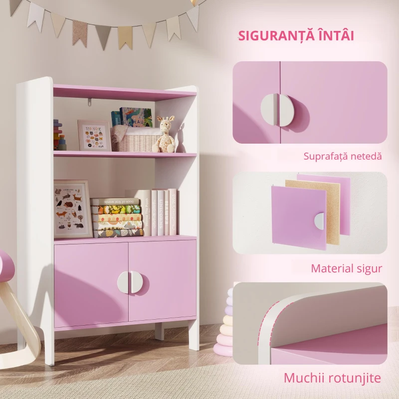 AIYAPLAY Raft de cărți pentru copii, 2 rafturi, 2 dulapuri, independente, design anti-răsturnare, picioare anti-alunecare, MDF, Roz+Alb