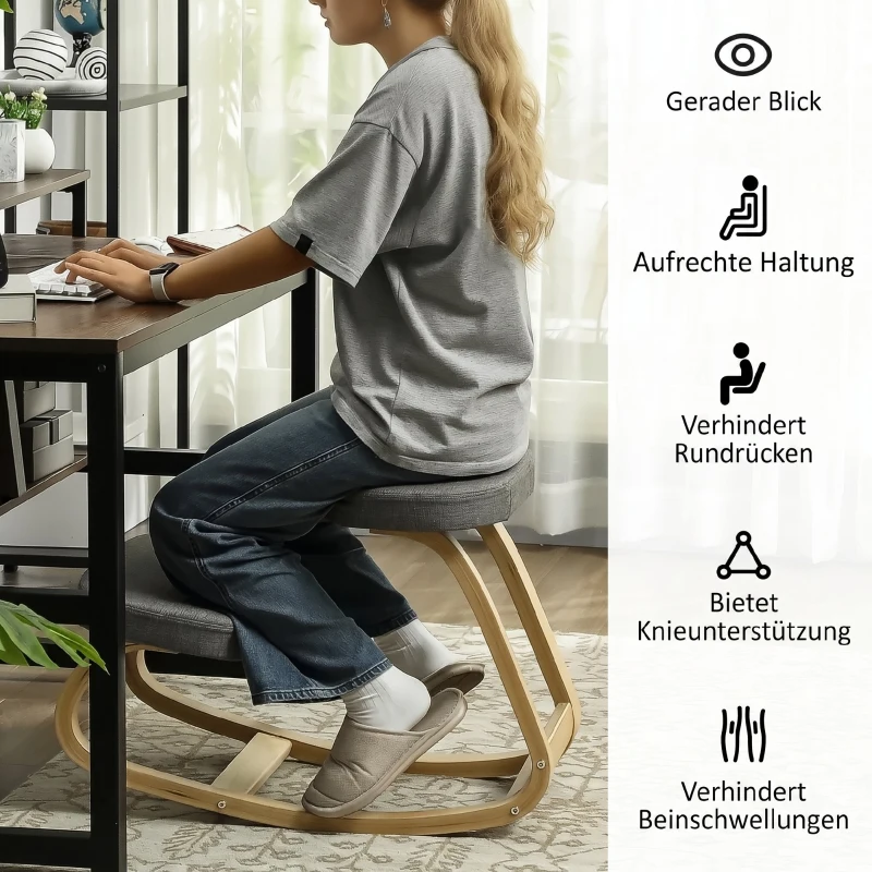 HOMCOM Kniestuhl – Ergonomische Kniekruk met Linnenlook, Berkenhouten Basis, tegen Nekpijn