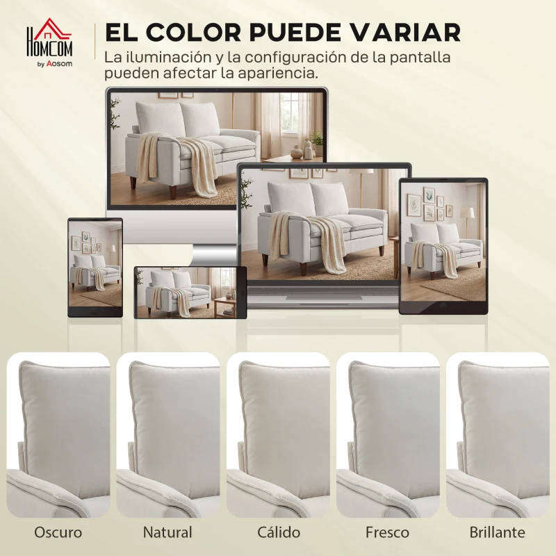 HOMCOM Sofá de 2 plazas 146 cm, sofá de chenilla con acolchado de doble capa, cojín con muelles, asiento profundo, respaldo alto, blanco crema