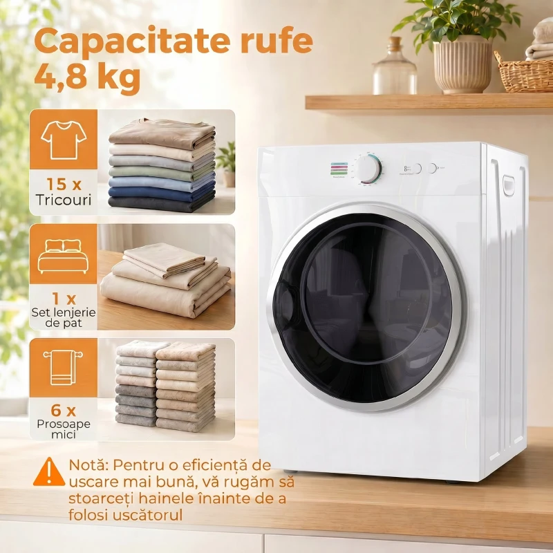 HOMCOM Mini Uscător de Rufe Portabil 4,8 kg, 1020W, Încălzire PTC, Timer, Alb
