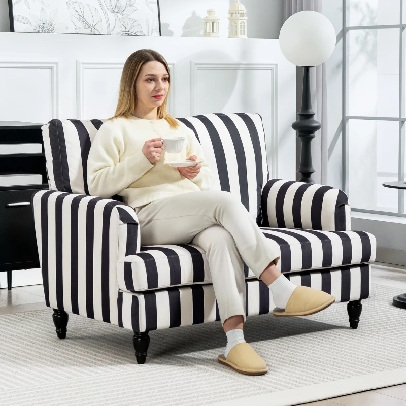 HOMCOM Sillón de salón con asiento amplio en terciopelo a rayas con muelles en S, 115x82x82 cm, Negro y blanco