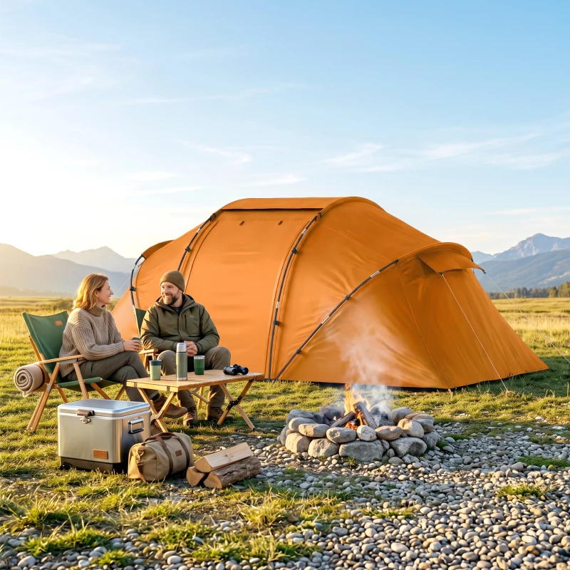 Outsunny 4 Man Camping Tent, UV Protection Tunnel Tent with 2 Bedrooms and Living Area, Large Hiking Sun Shelter, 430 x 240 x 170 cm, Orange