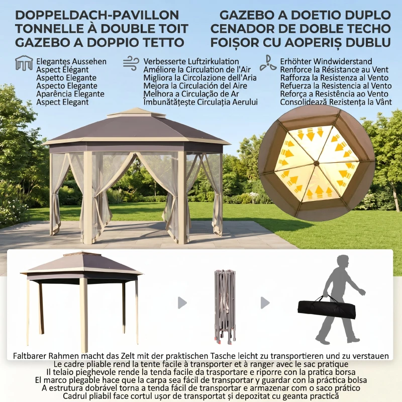 Outsunny Gazebo Pieghevole 405x340x285 cm con Zanzariera Doppio Tetto beige