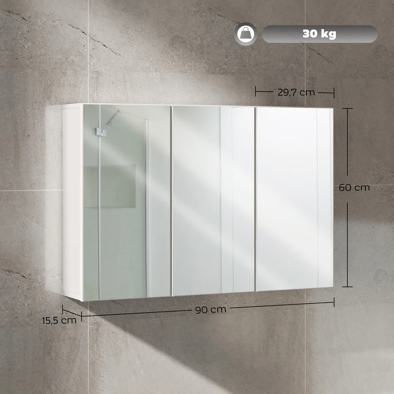HOMCOM Badkamerspiegelkast, Badkast met 3 Spiegels, Wandmontage, 90 x 15,5 x 60 cm, Spaanplaat, Wit