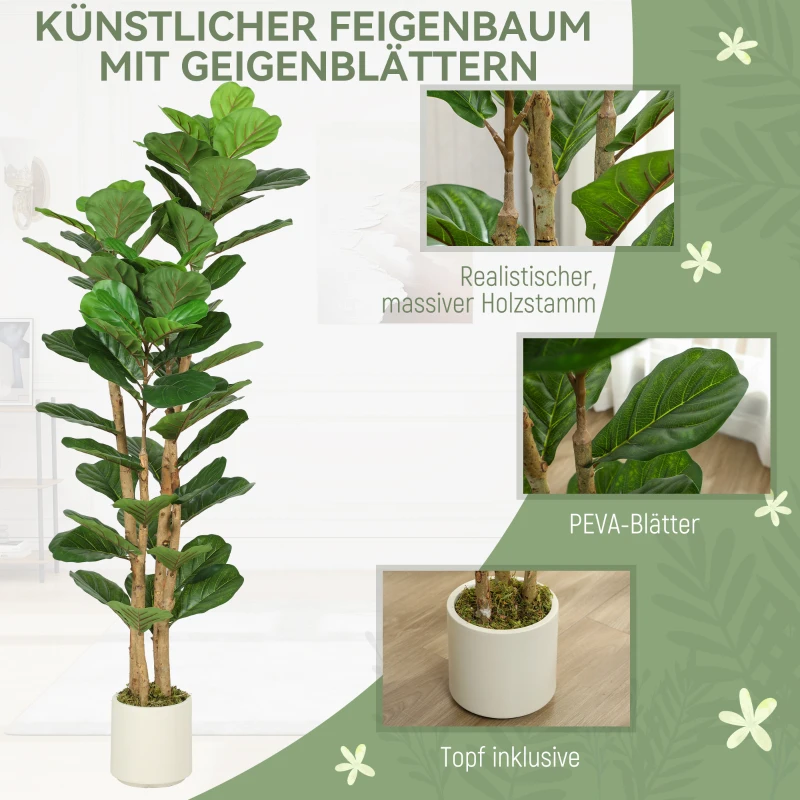HOMCOM Kunstmatige vioolvijg kunstplant met 71 bladeren, massief houten stam, pot, 50 x 50 x 150 cm, groen