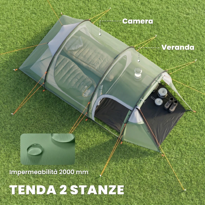 Outsunny Tienda de Campaña Familiar 2 Personas Plegable Impermeable a Prueba de UV 20+ con Vestíbulo 426x206x154 cm Verde