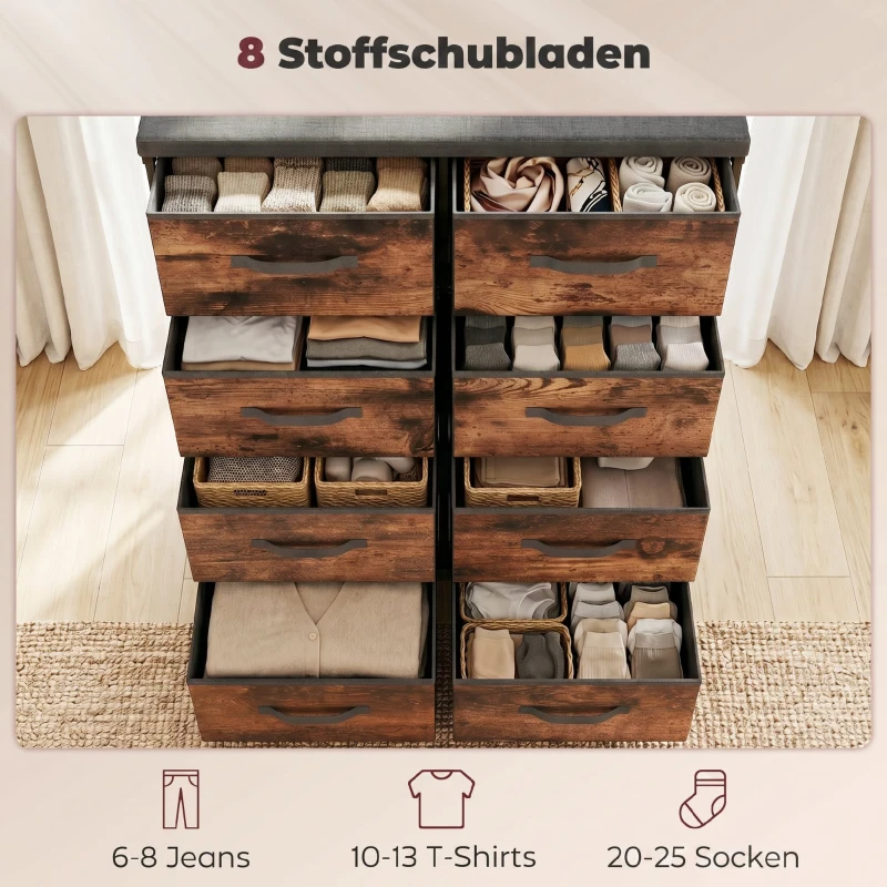 HOMCOM Kommode mit 8 Schubladen, Stoffkommode mit Metallgestell, für Schlafzimmer & Wohnzimmer, Vintage Braun