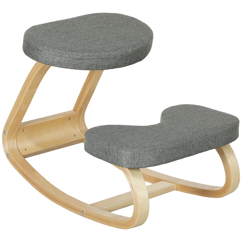 HOMCOM Kniestuhl – Ergonomische Kniekruk met Linnenlook, Berkenhouten Basis, tegen Nekpijn