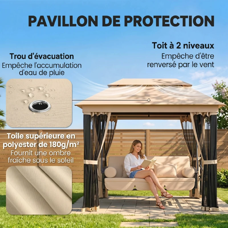 Outsunny Balancelle de Jardin 3 Places Convertible Style Colonial Grand Confort 5 Coussins + Matelas + moustiquaires Inclus 2,56L x 1,72l x 2,48H m Marron Clair