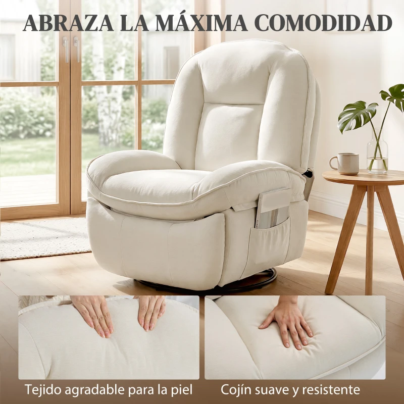 HOMCOM Sillón relax, sillón giratorio con función de balanceo y reclinable, asiento profundo, respaldo grueso, montaje fácil, crema