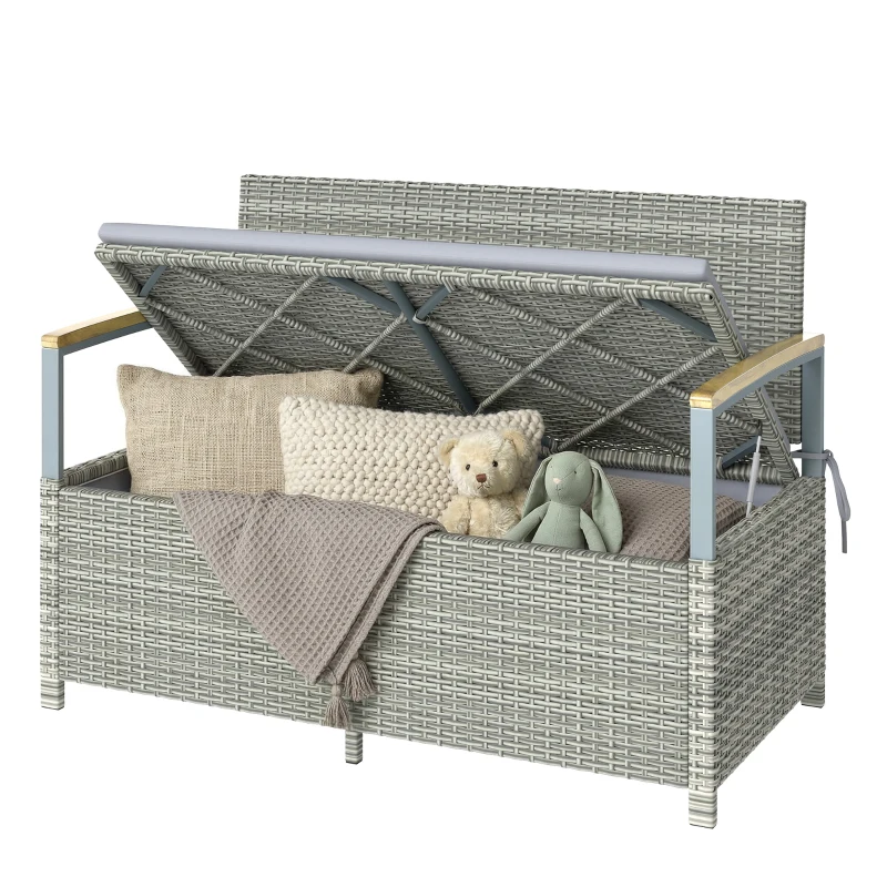 Outsunny 170 L Garden Storage Bench with Zipped Liner, 2 Seater Rattan Garden Bench with Storage, Gas Strut, Cushion, Light Grey