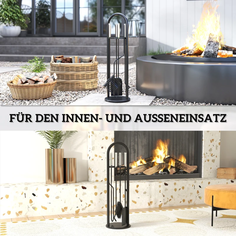 Outsunny Haardgereedschap 5-delig – bezem, schep, haak, tang & standaard, zwart
