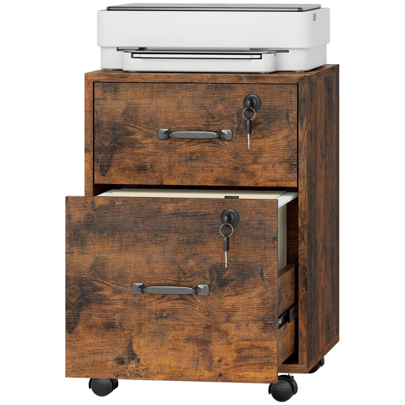 HOMCOM Caisson bureau mobile à 2 tiroirs, meuble rangement bureau sur roulettes pour documents suspendus format lettre, marron