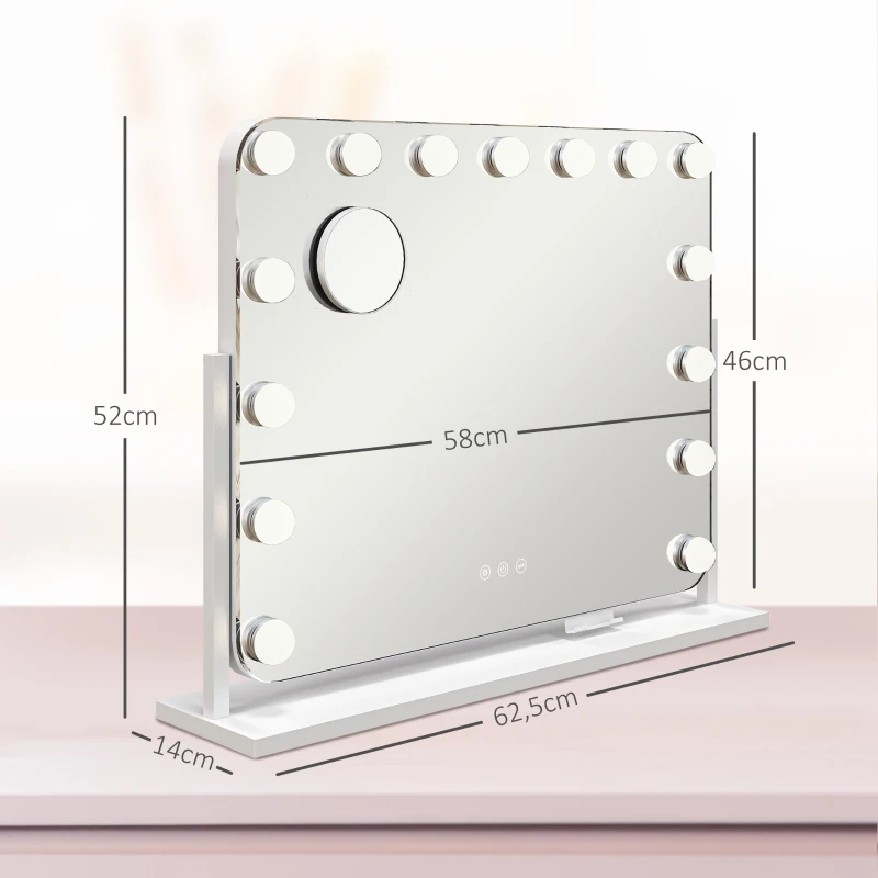 HOMCOM LED-cosmeticaspiegel, 3 lichtmodi, dimbaar, touchbediening, USB, 62,5 x 49,5cm, Wit