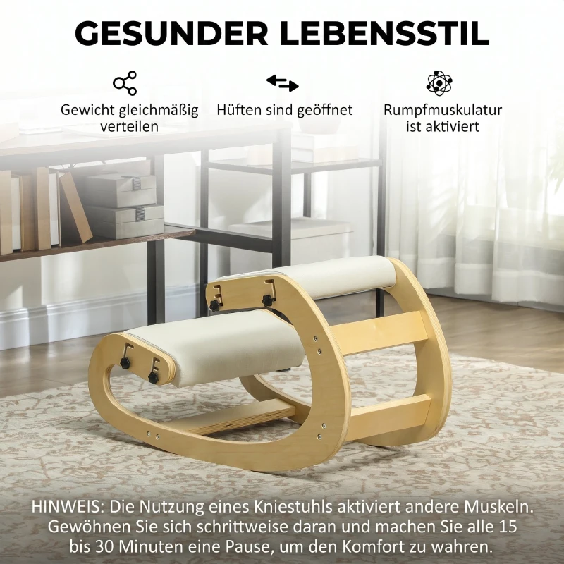 HOMCOM Ergonomische kniehocker met 6 verstelbare posities, houten basis, creme