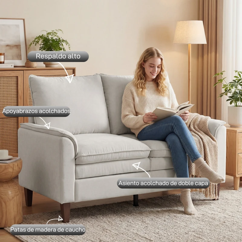 HOMCOM Sofá de 2 plazas 146 cm, sofá de chenilla con acolchado de doble capa, cojín con muelles, asiento profundo, respaldo alto, blanco crema