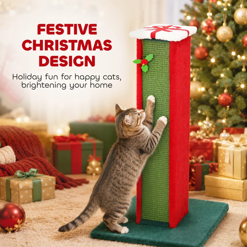 PawHut Cat Scratching Post for Indoor Cats, 81cm Tall Cat Scratcher with Sisal Rope, Hanging Bell Toy, Stable Base, Green & Red