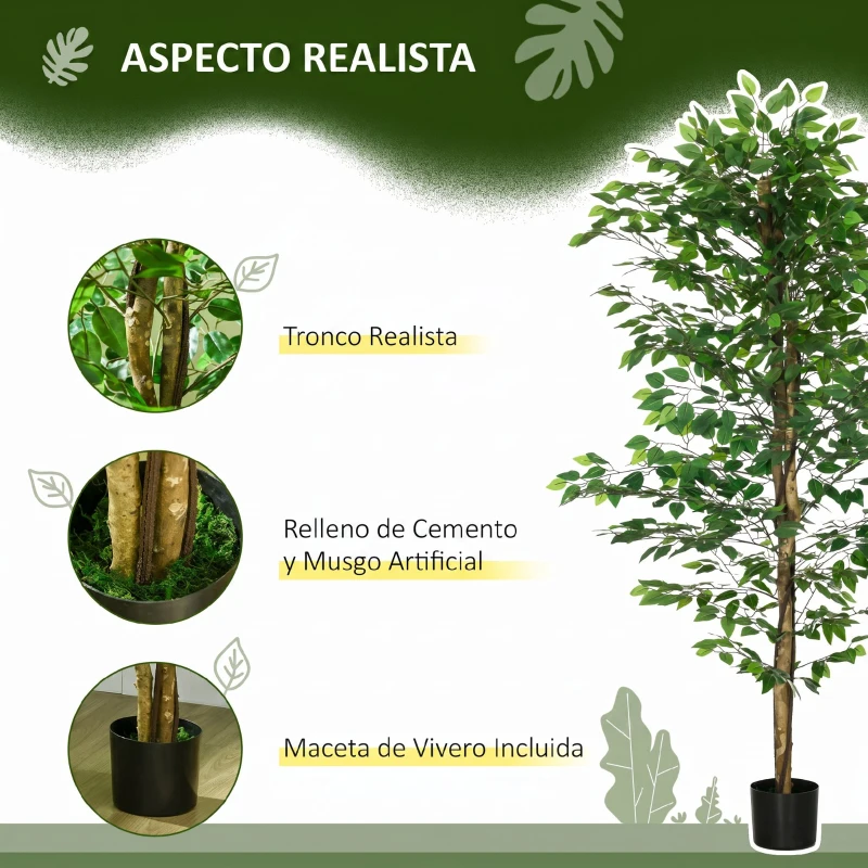 HOMCOM Pack de 2 Plantas Artificiales con Troncos Naturales 180 cm Ficus Sintética con 1260 Hojas Decoración para Hogar Verde
