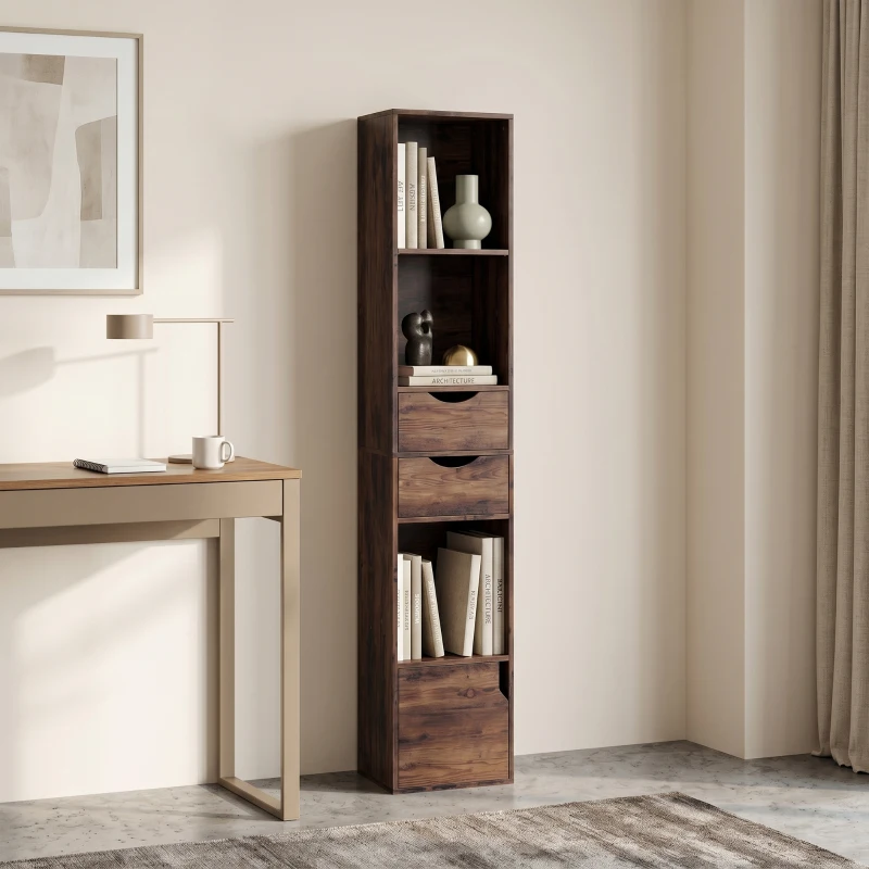 HOMCOM Bookcase with Drawers Adjustable Shelf Bookshelf with 2 Drawers and Cabinet 158 cm Rustic Brown