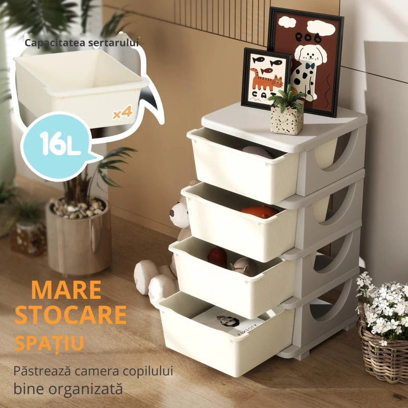 HOMCOM Comodă din Plastic Colorată pentru Cameră de Copii cu 4 Sertare, 37x37x76 cm, Crem