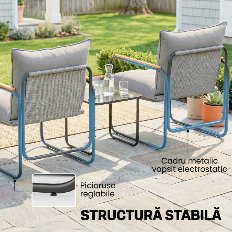 Outsunny Set Bistro 3 Piese, Mobilier Exterior Metal cu Perne, Gri Întunecat
