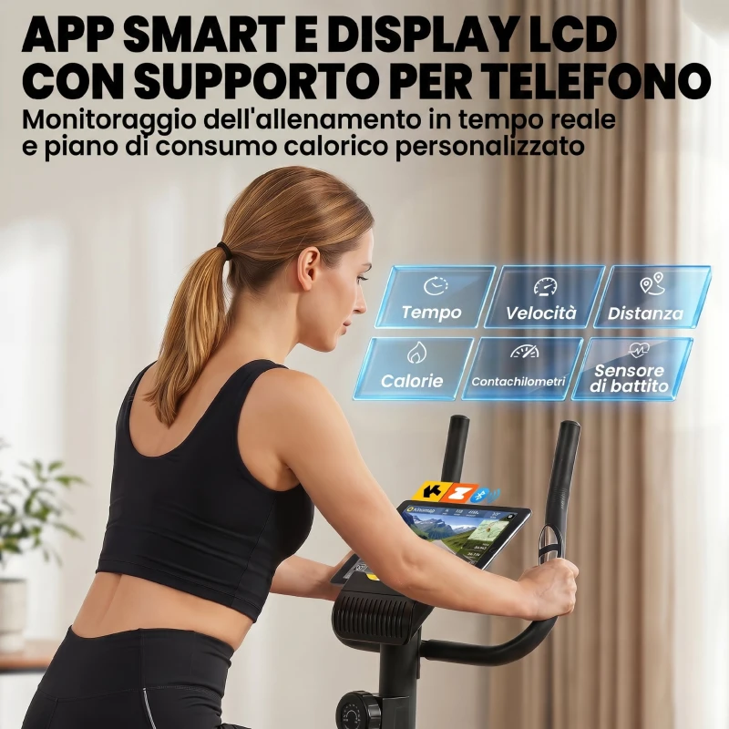 SPORTNOW Cyclette Magnetica con Resistenza a 8 Livelli, Display LCD e App Bluetooth, Metallo, 86x51x128 cm, Nero