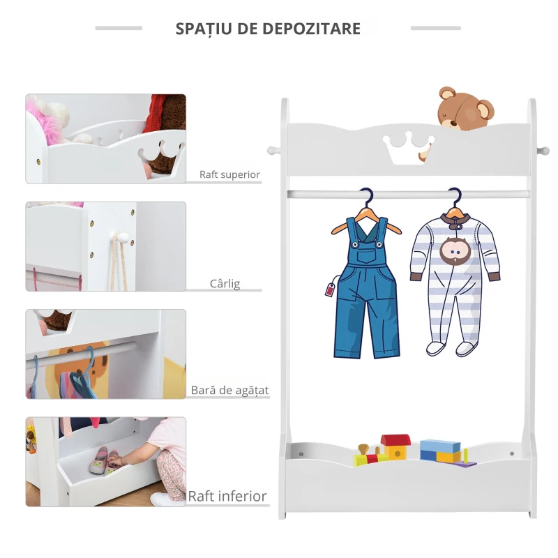 HOMCOM Suport pentru Haine din Lemn cu Etajere si Agatatori Laterale Alb