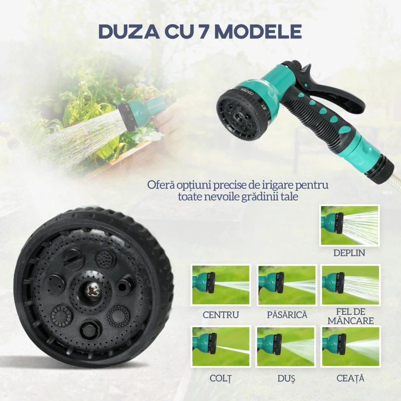 Outsunny Suport pentru Furtun de Grădină Retractabil cu Furtun de Apă 30+2 m, 7 Moduri, Negru