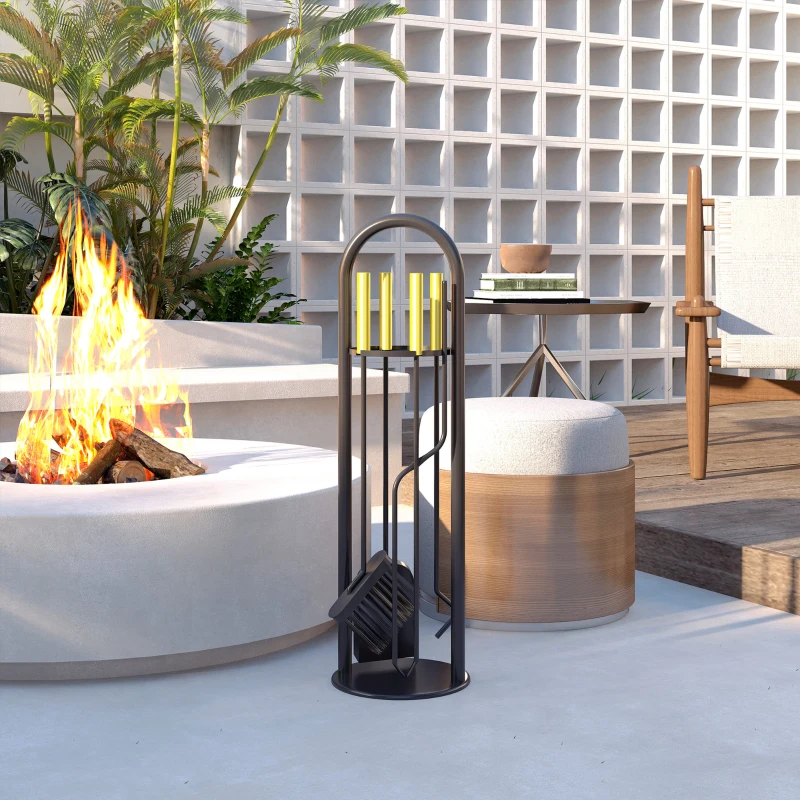 Outsunny Conjunto de Acessórios para Lareira de 5 Peças de Metal com Vassoura Pá Tenazes Atiçador e Suporte 20x20x71 cm Dourado