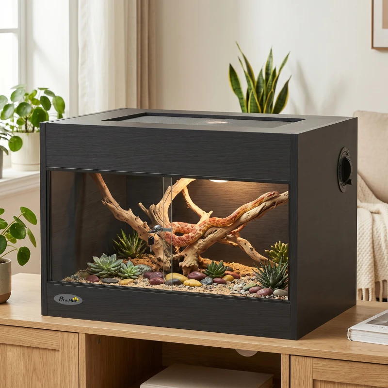 PawHut Terariu pentru Reptile din lemn OSB, uşă din sticlă securizată, încuietoare de siguranţă şi capac detaşabil, 60x45x45cm, Negru